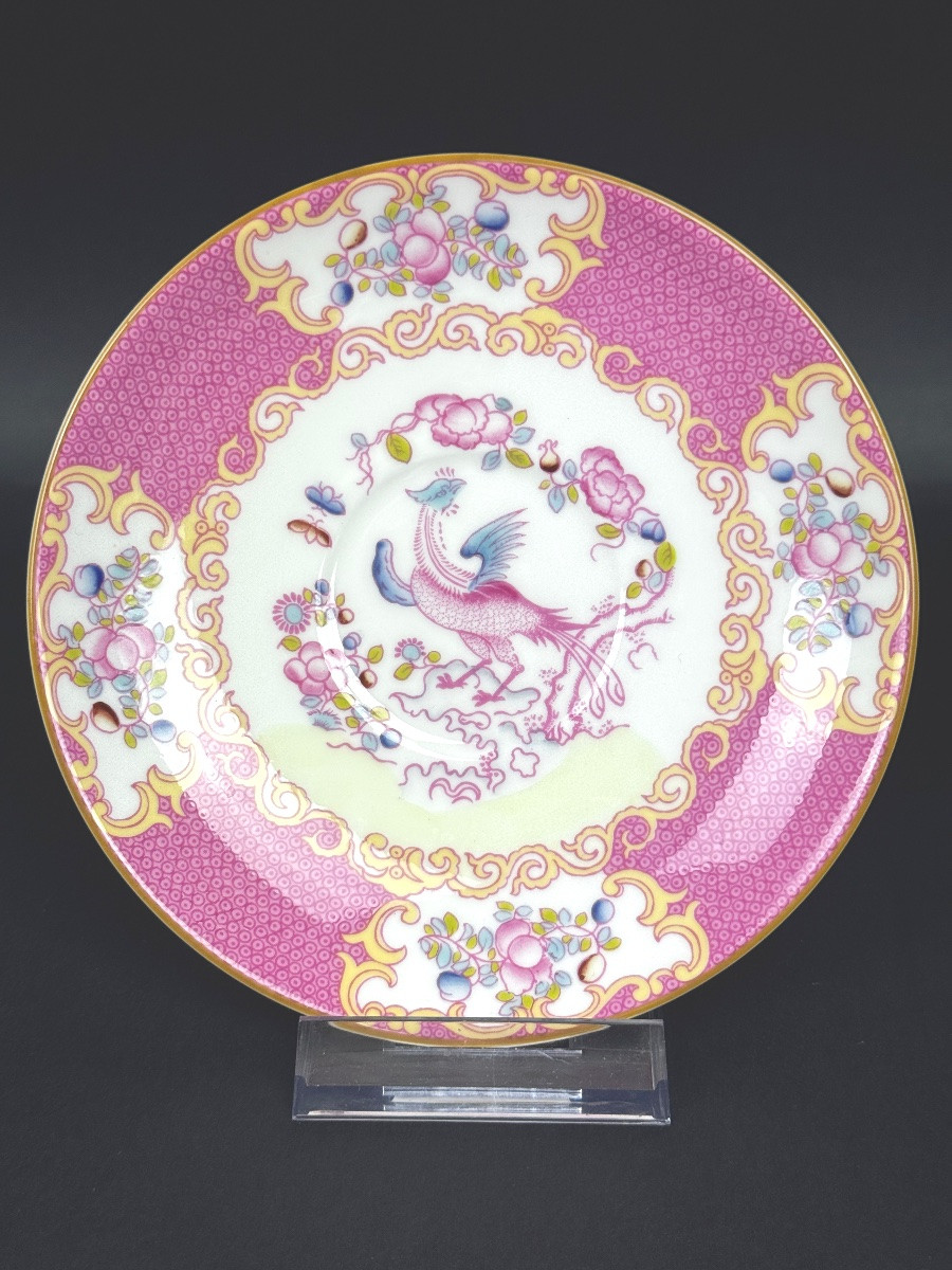 Minton, service à thé, 6 tasses et 3 pièces de forme, pink cockatrice, oiseau de Paradis rose -photo-5