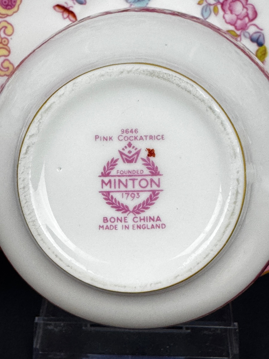 Minton, service à thé, 6 tasses et 3 pièces de forme, pink cockatrice, oiseau de Paradis rose -photo-6