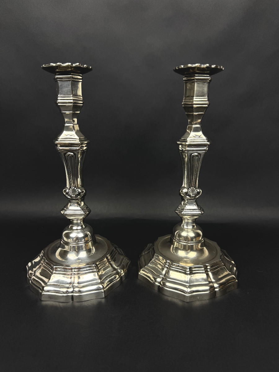 Pair Of Silver-plated Bronze Candlesticks – Goldsmith Auguste Monnier Veuve, 1911-photo-2