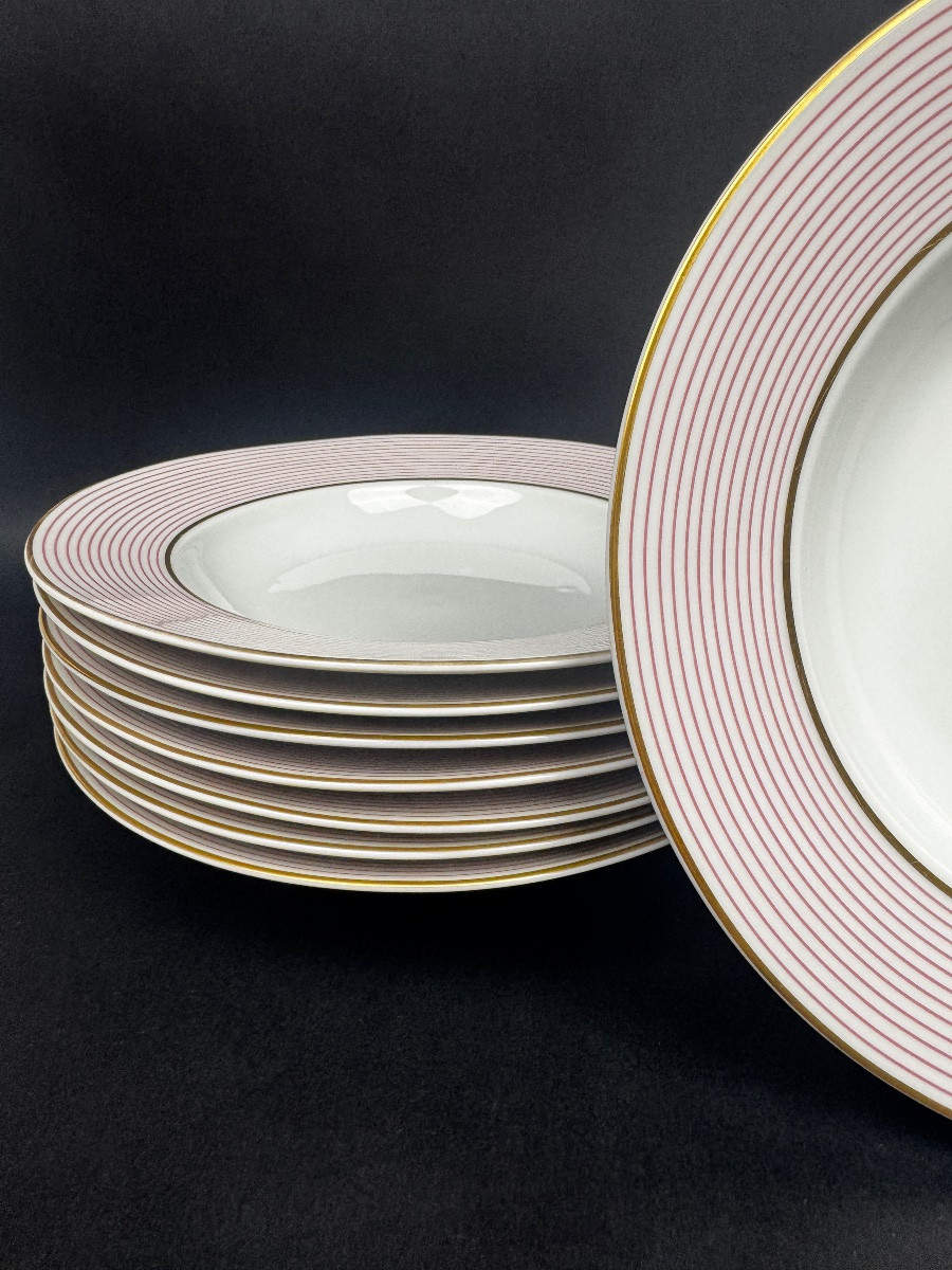 Raynaud, suite de 8 assiettes à soupe  en porcelaine de Limoges – Modèle Mille-Raies -photo-2