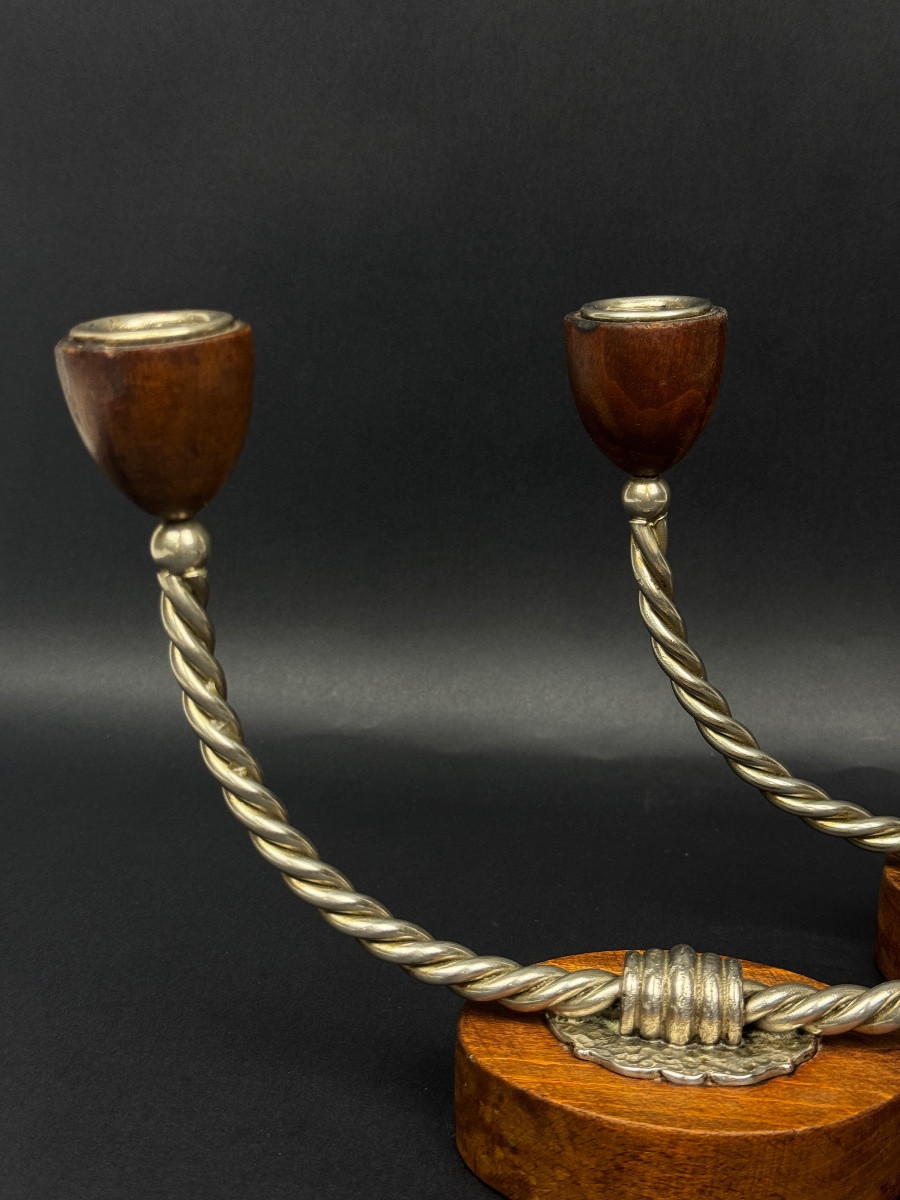 Pair Of Vintage Candlesticks In Wood And Twisted Metal – Scandinavian Design-photo-2