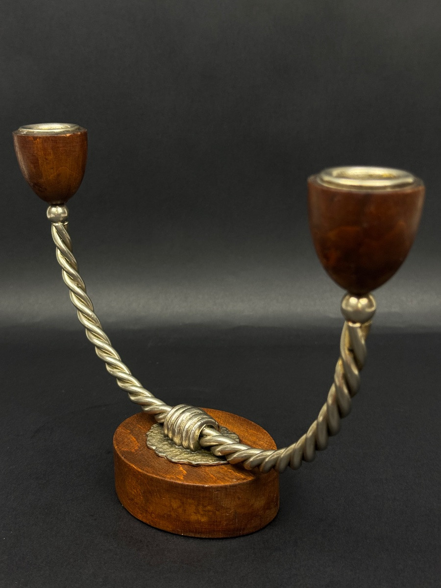 Pair Of Vintage Candlesticks In Wood And Twisted Metal – Scandinavian Design-photo-3