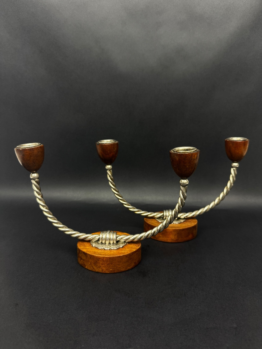 Pair Of Vintage Candlesticks In Wood And Twisted Metal – Scandinavian Design