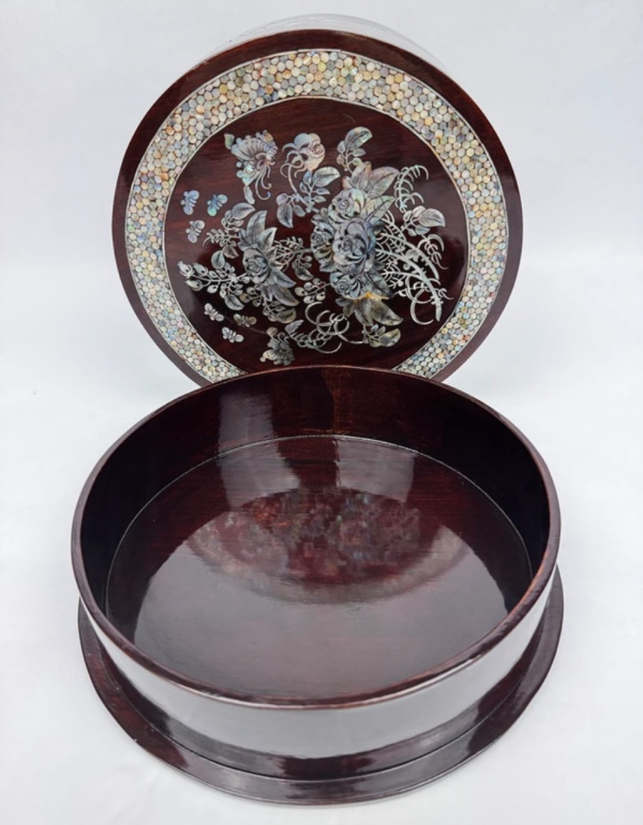 Round Rosewood And Mother-of-pearl Box, Indochina, Late 19th Century, Floral And Bird Decoration-photo-3
