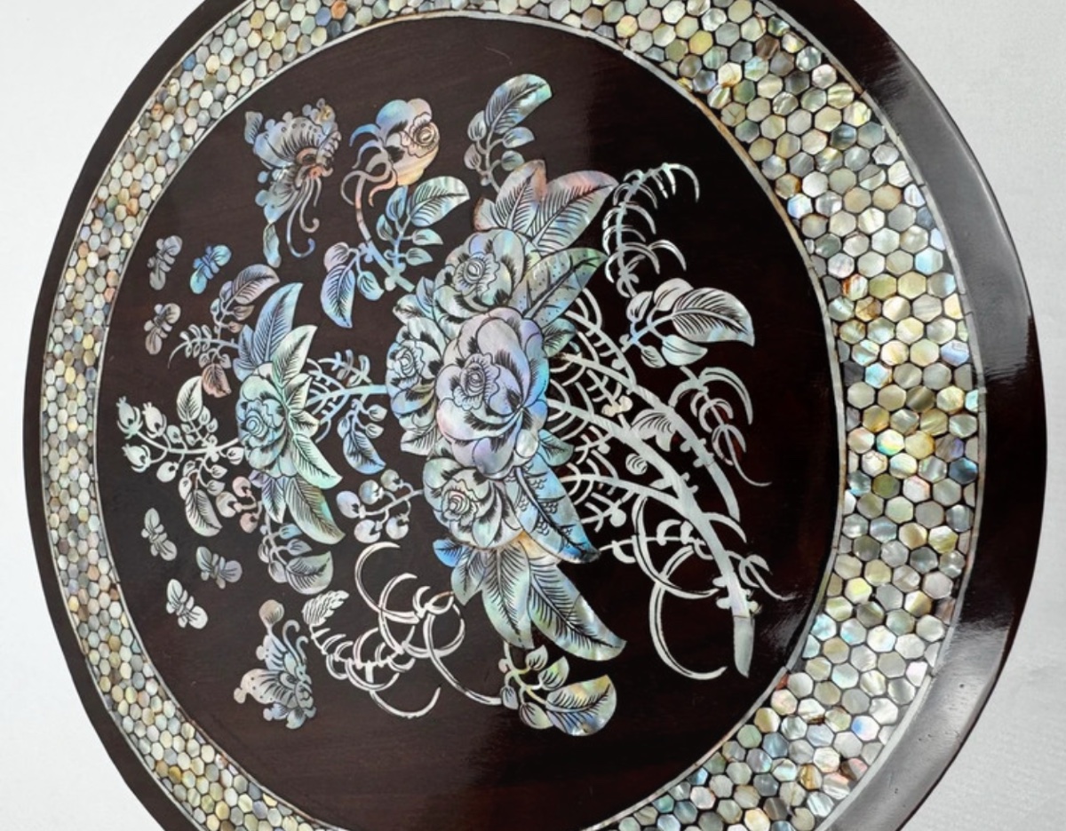 Round Rosewood And Mother-of-pearl Box, Indochina, Late 19th Century, Floral And Bird Decoration-photo-1