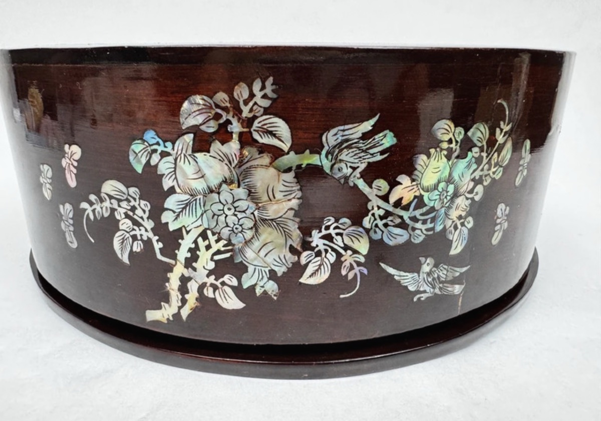 Round Rosewood And Mother-of-pearl Box, Indochina, Late 19th Century, Floral And Bird Decoration-photo-5