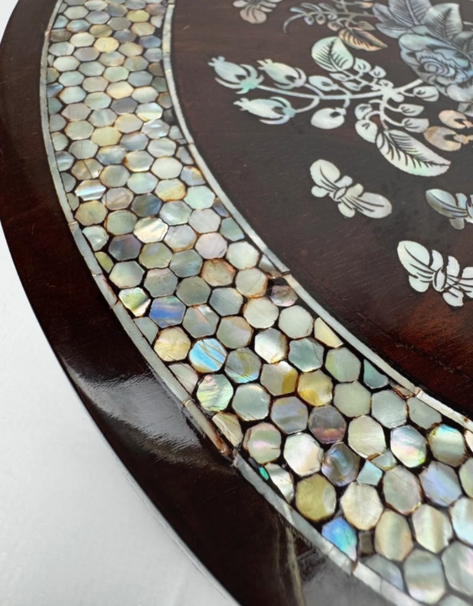 Round Rosewood And Mother-of-pearl Box, Indochina, Late 19th Century, Floral And Bird Decoration-photo-6