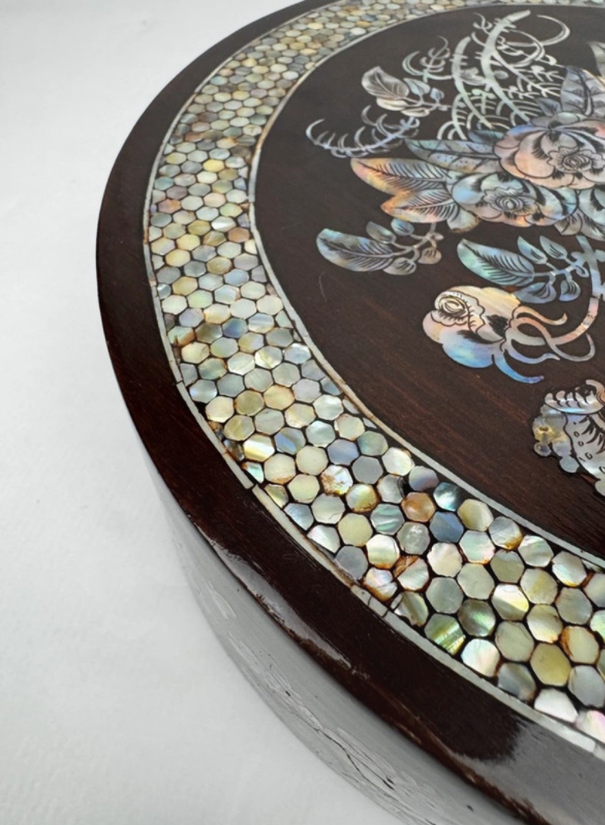 Round Rosewood And Mother-of-pearl Box, Indochina, Late 19th Century, Floral And Bird Decoration-photo-7