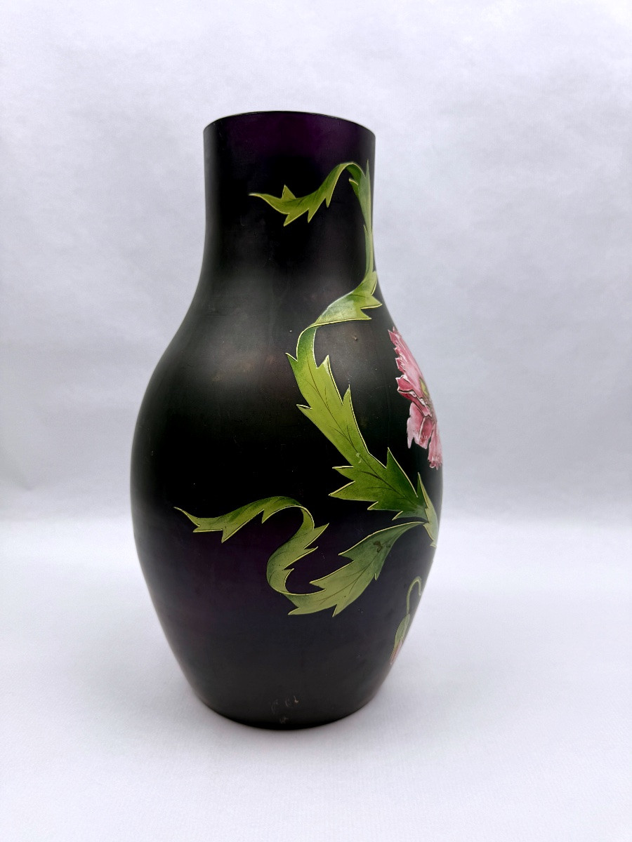 Ferdinand Von Poschinger, grand vase en verre irisé à col renflé et décor émaillé-photo-3