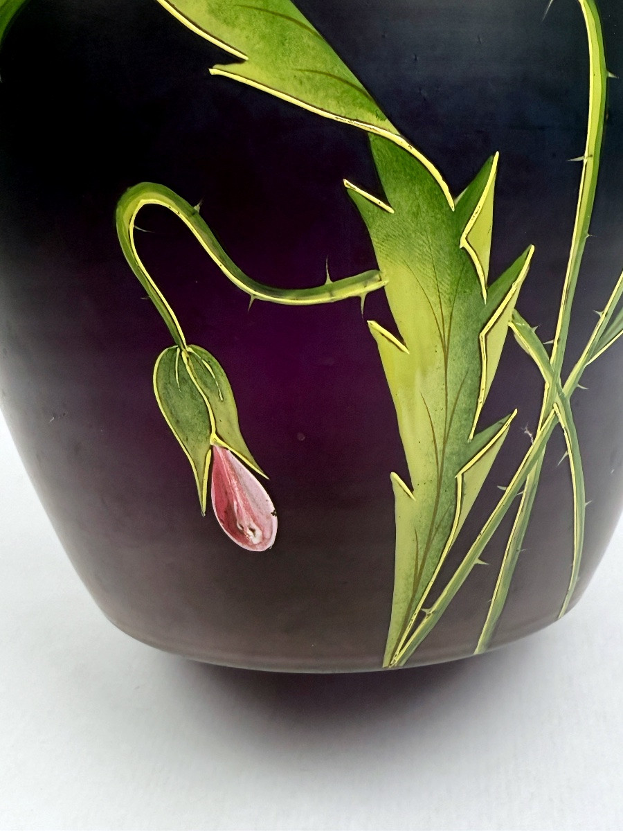 Ferdinand Von Poschinger, grand vase en verre irisé à col renflé et décor émaillé-photo-4