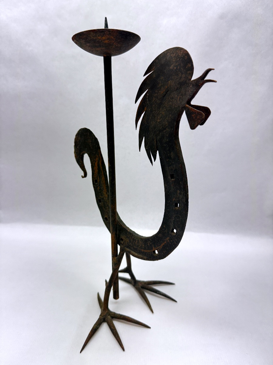 Bougeoir coq en fer forgé, 1960s dans le goût de l'atelier Marolles-photo-6