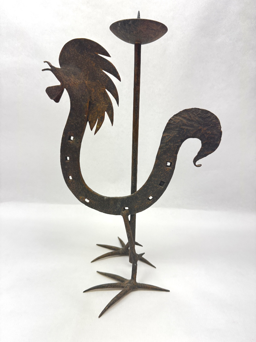 Bougeoir coq en fer forgé, 1960s dans le goût de l'atelier Marolles