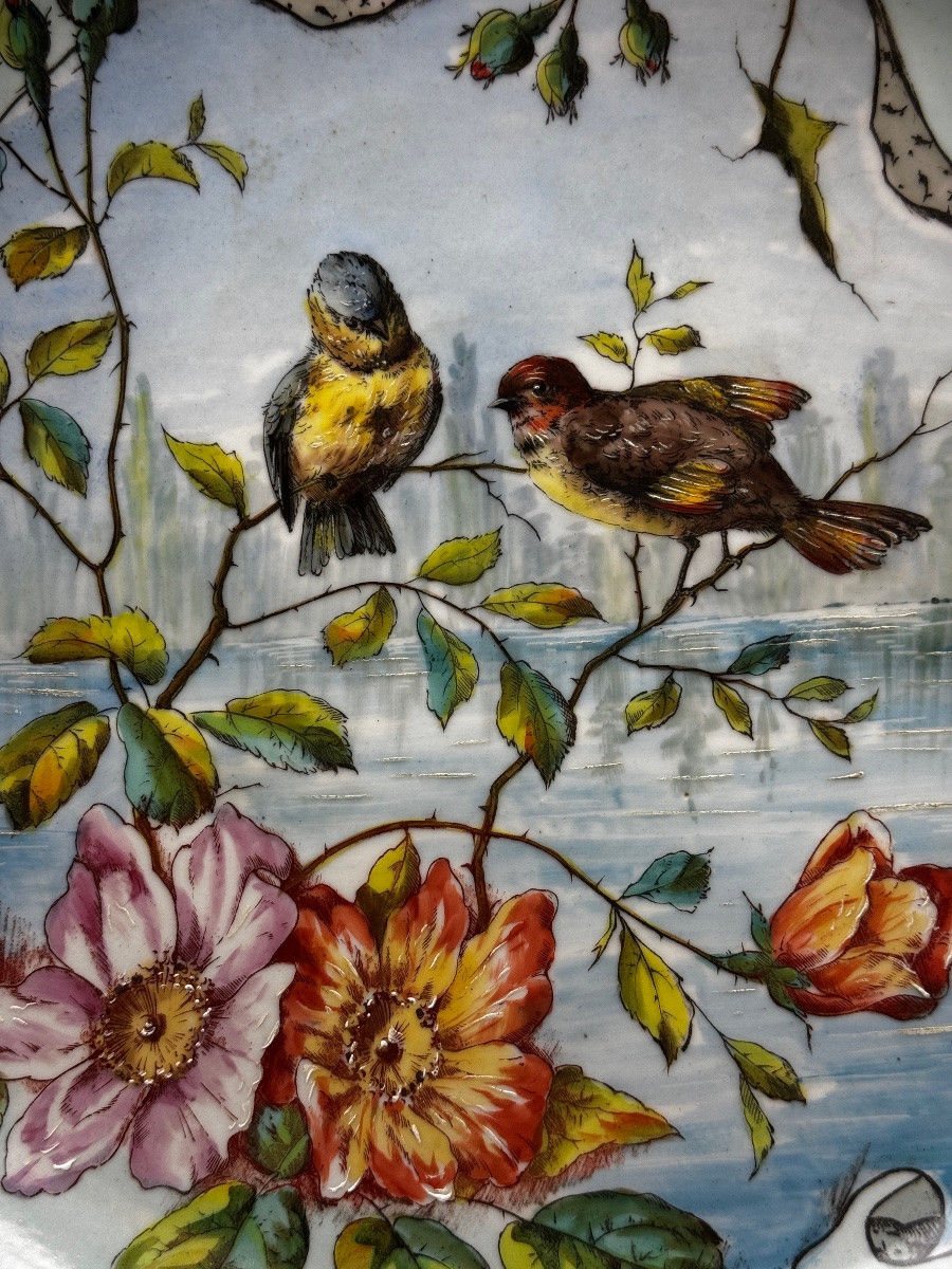 Large Limoges Porcelain Dish With Branched Birds-photo-2