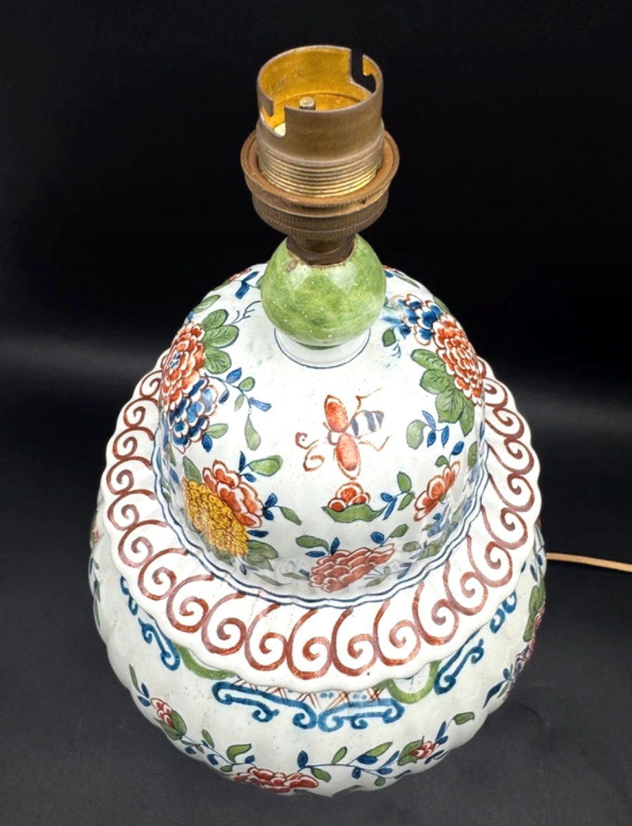 Lampe en faïence de Delft JVOH décor polychrome oiseaux et fleurs, vers 1950-photo-3