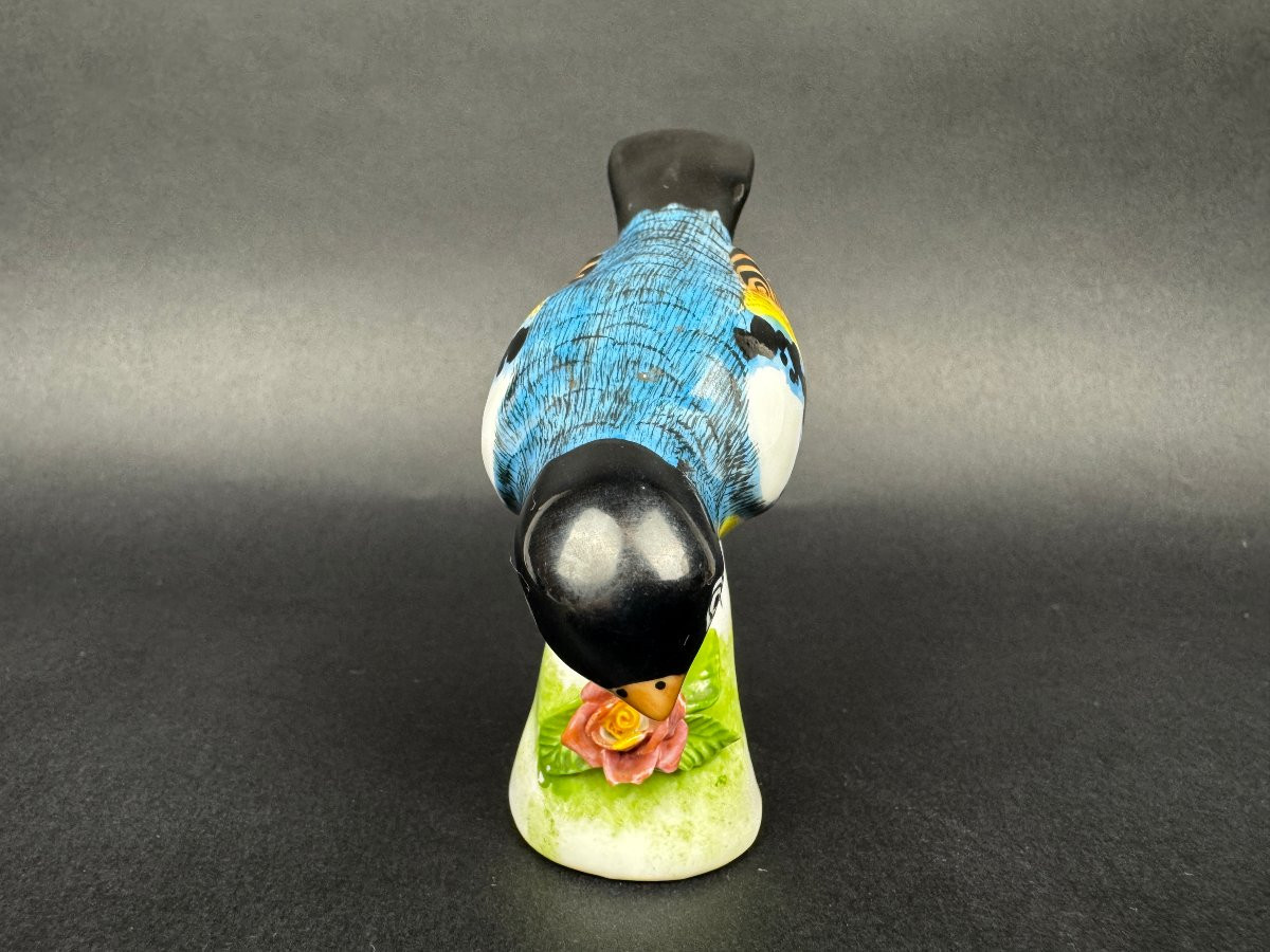 Figurine porcelaine oiseau polychrome sur socle fleuri vintage-photo-2