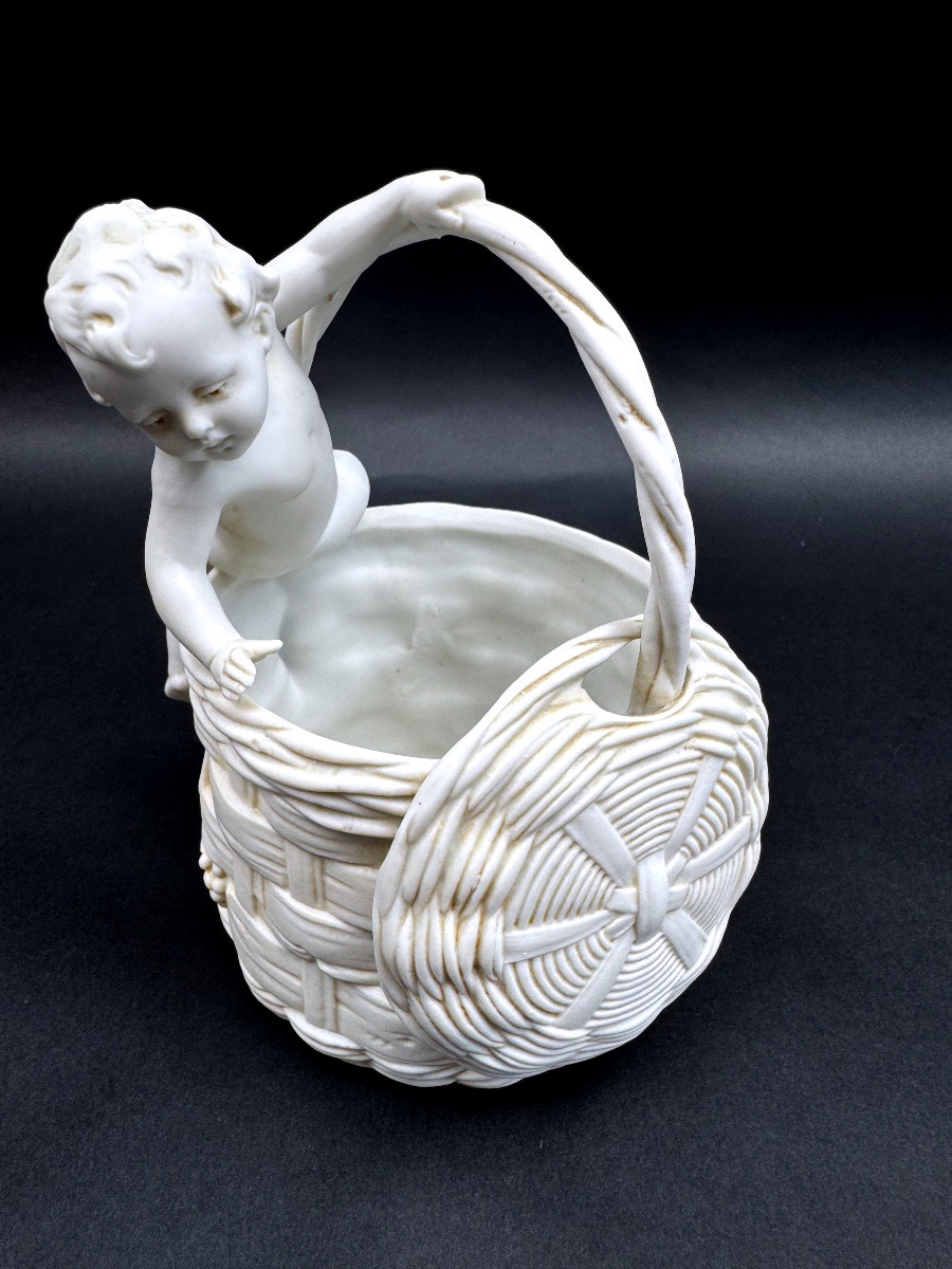 Thuringia Biscuit Porcelain Basket With Putto Decoration, 19th Century-photo-2