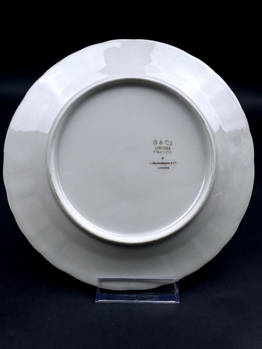 Bernardaud Limoges suite de six assiettes à dessert décor floral et filet bleu/or-photo-2