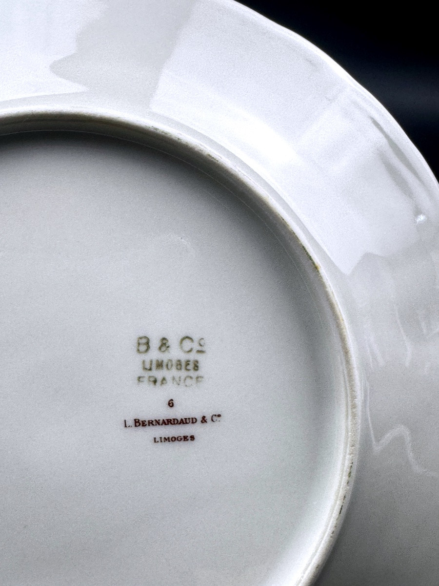Bernardaud Limoges suite de six assiettes à dessert décor floral et filet bleu/or-photo-3