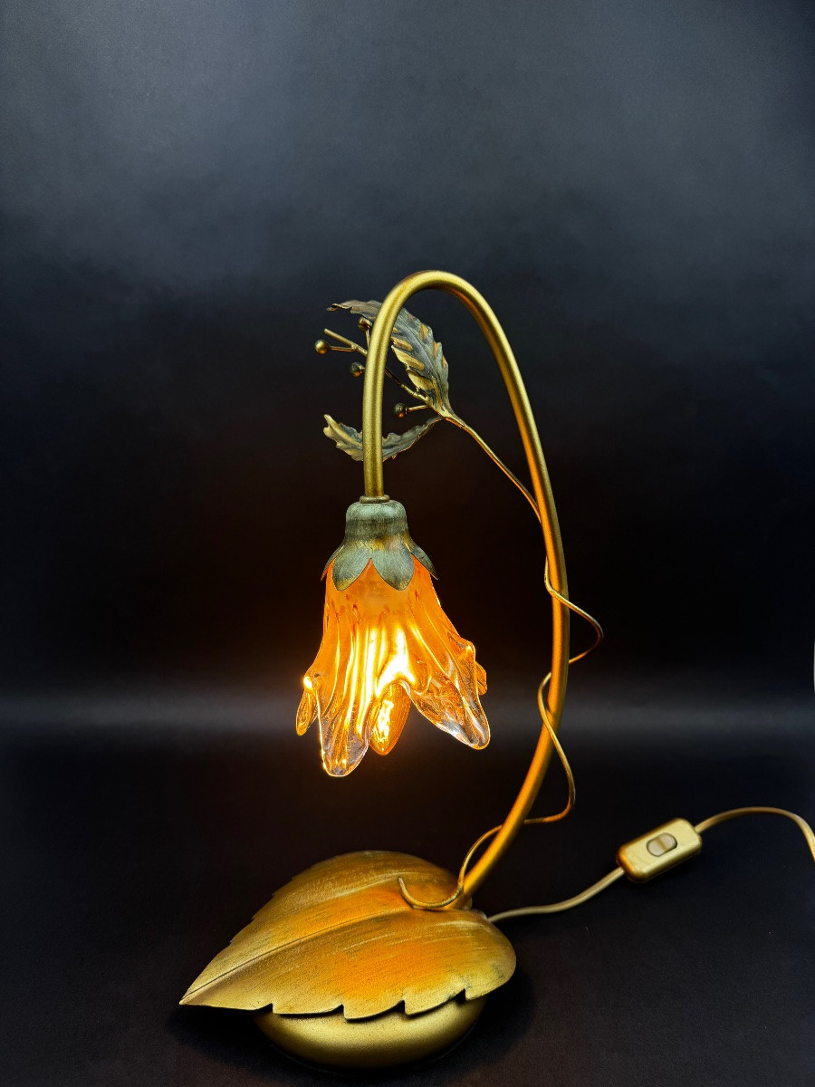 Masca Italy Floral Lamp, Gold Metal And Blown Glass-photo-2