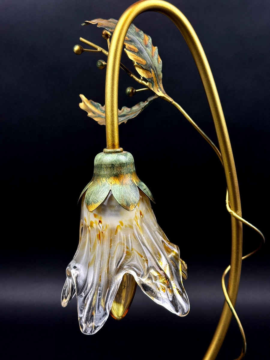 Masca Italy Floral Lamp, Gold Metal And Blown Glass-photo-4