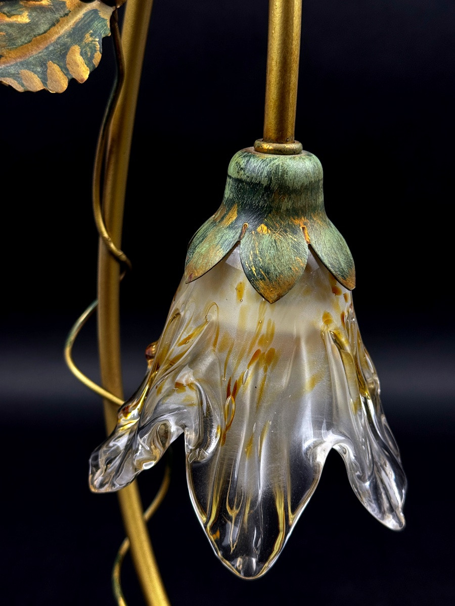 Masca Italy Floral Lamp, Gold Metal And Blown Glass-photo-5