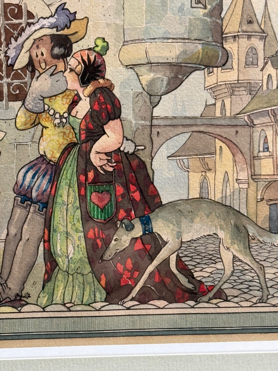 André REUZE aquarelle scène de rue médiévale -photo-3