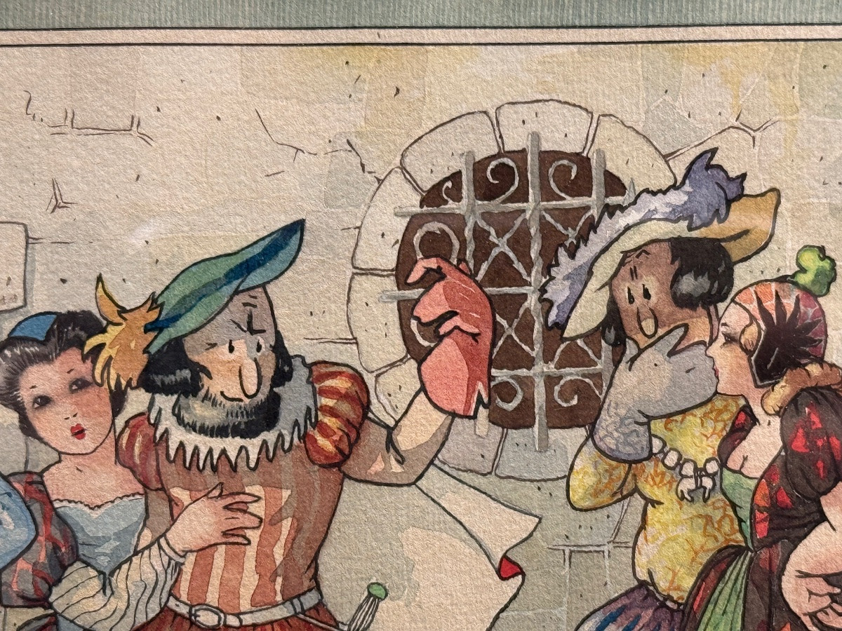 André REUZE aquarelle scène de rue médiévale -photo-5