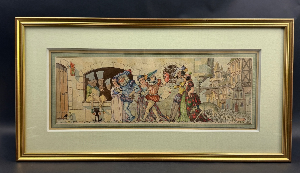 André REUZE aquarelle scène de rue médiévale 