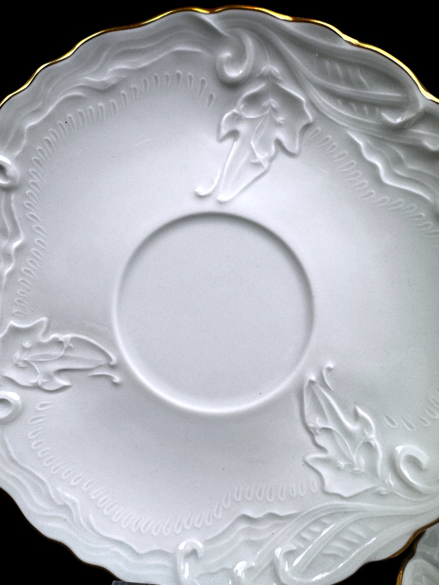 Tharaud Limoges, Suite de 2 tasses à thé, déjeuners en porcelaine blanche à bord doré-photo-4