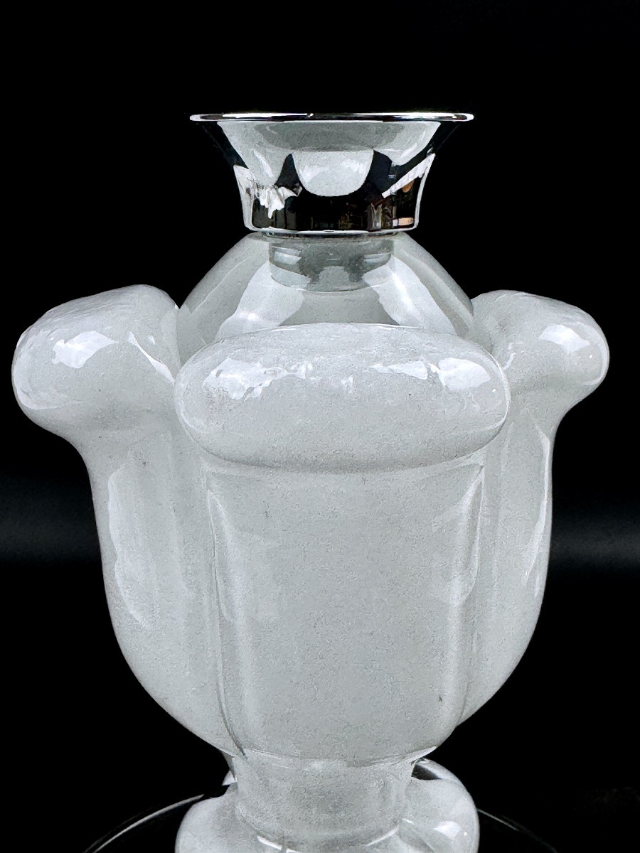 Daum France, Frosted Crystal Candle Holder With Chrome Metal-photo-2