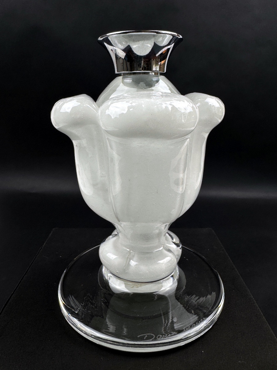 Daum France, Frosted Crystal Candle Holder With Chrome Metal