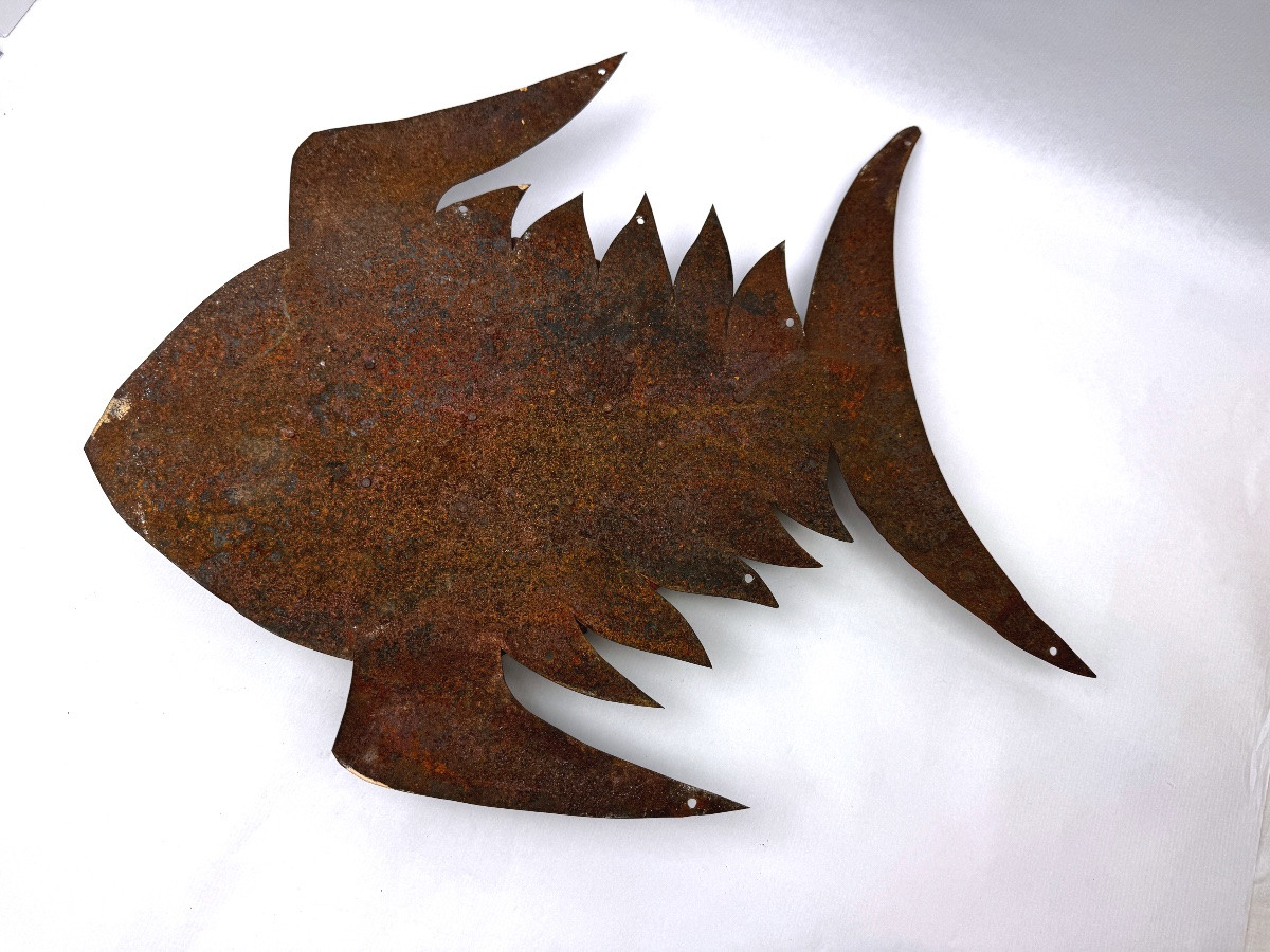 Sculpture murale poisson métal doré et fer riveté art brutaliste-photo-4