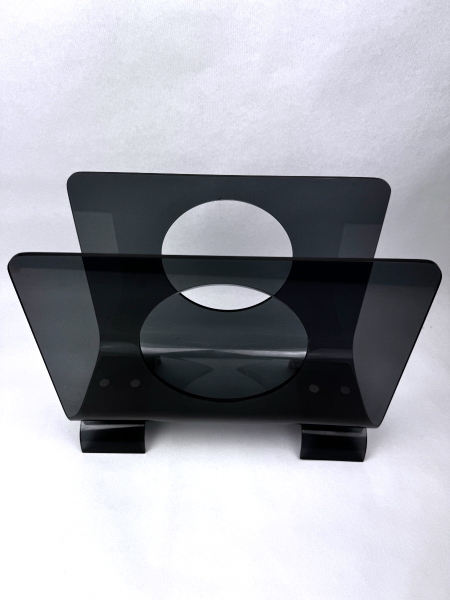 Vintage 1970s Smoked Plexiglass Magazine Rack, Minimalist Design-photo-4