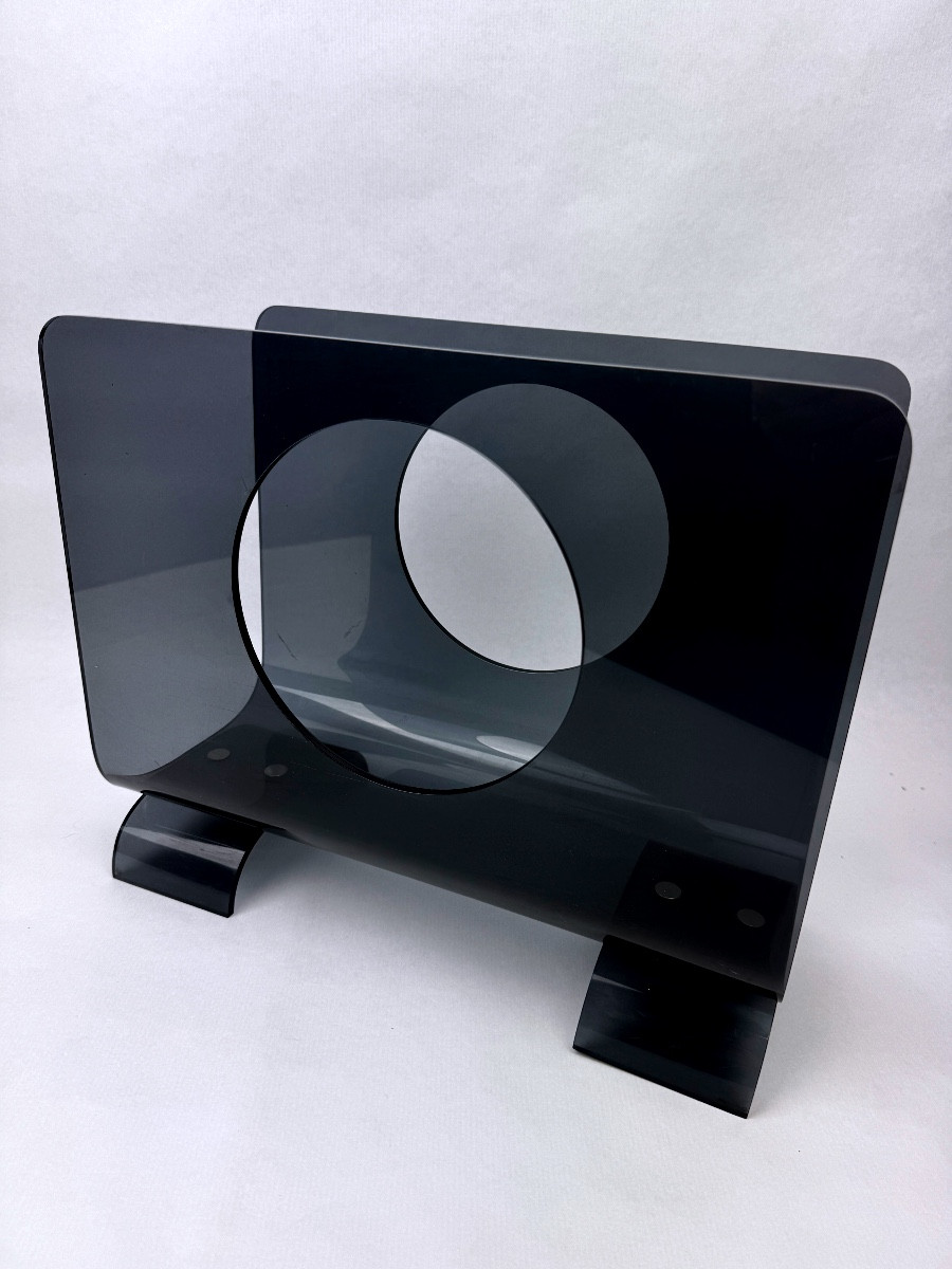 Vintage 1970s Smoked Plexiglass Magazine Rack, Minimalist Design