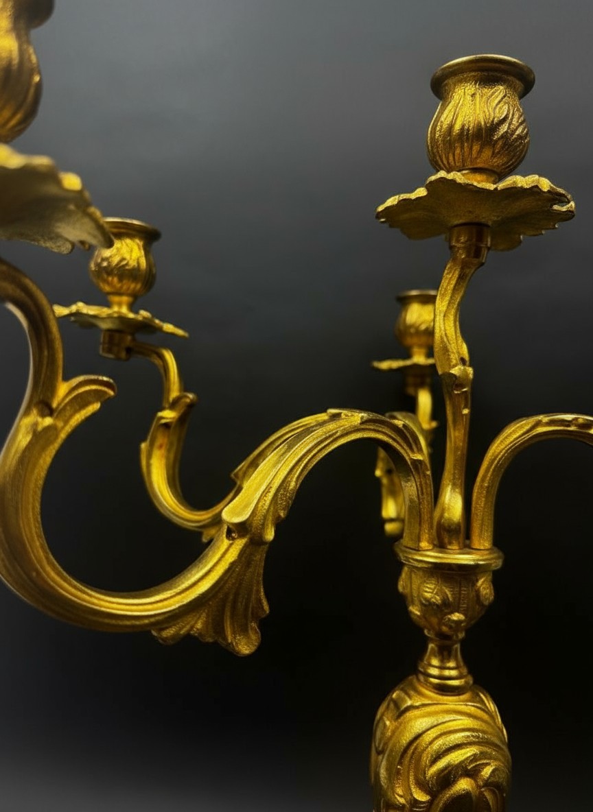 Candélabre à cinq lumières bronze doré style Louis XV rocaille XIXe-photo-2