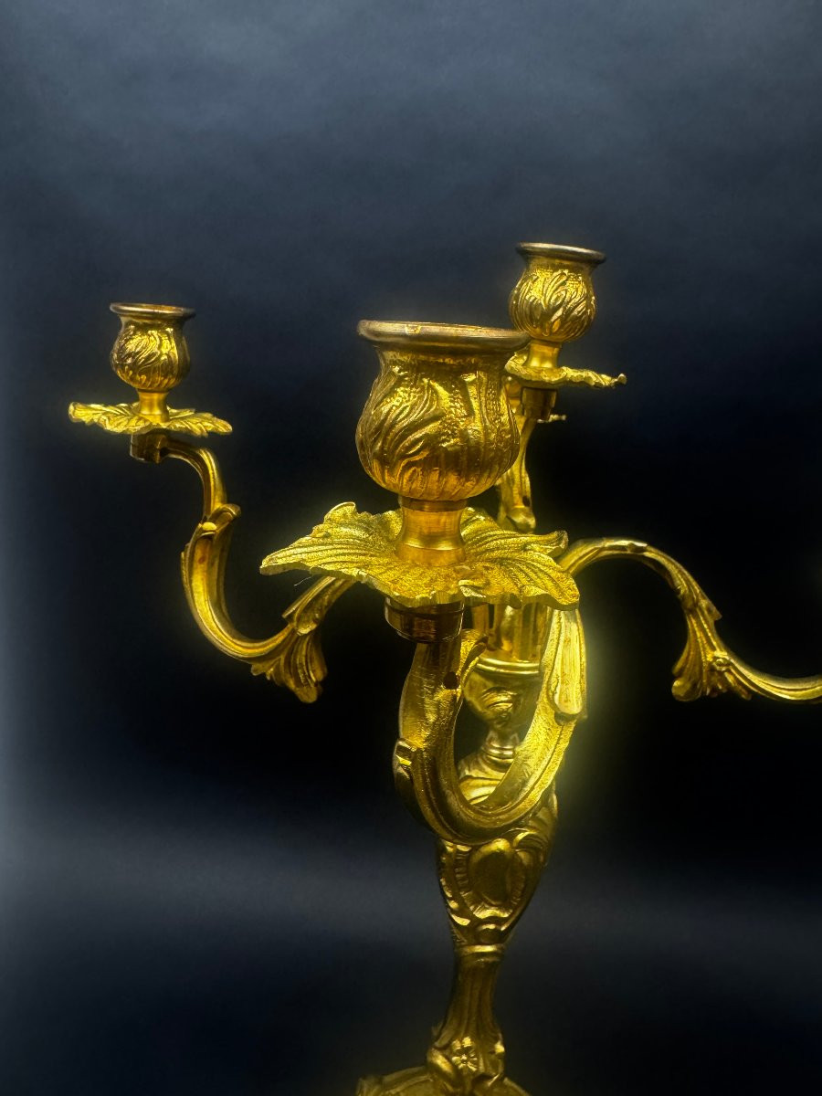 Candélabre à cinq lumières bronze doré style Louis XV rocaille XIXe-photo-6