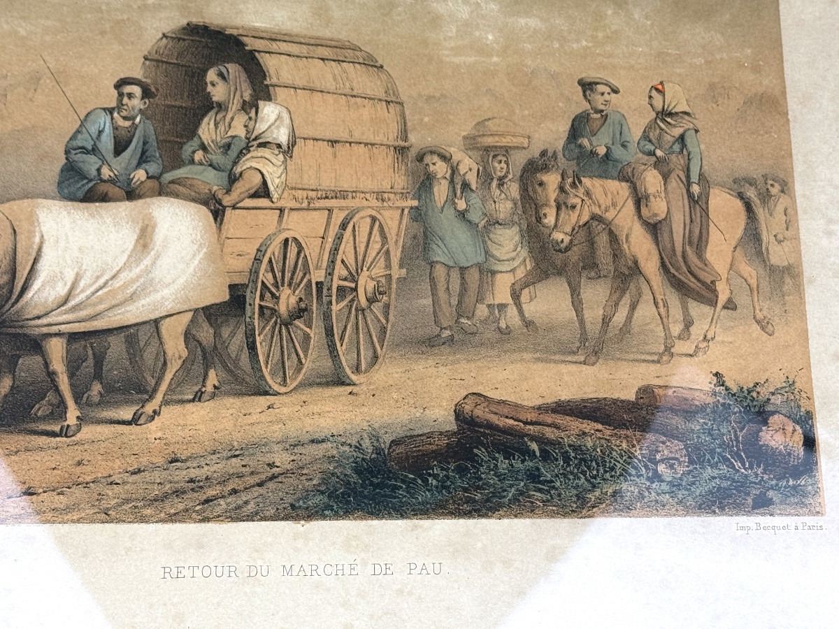 Ancienne lithographie en couleurs, Retour du marché de Pau-photo-4