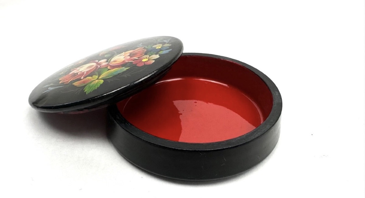 Palekh Lacquer Box, Ussr, Flowers And Bird In Flight-photo-3