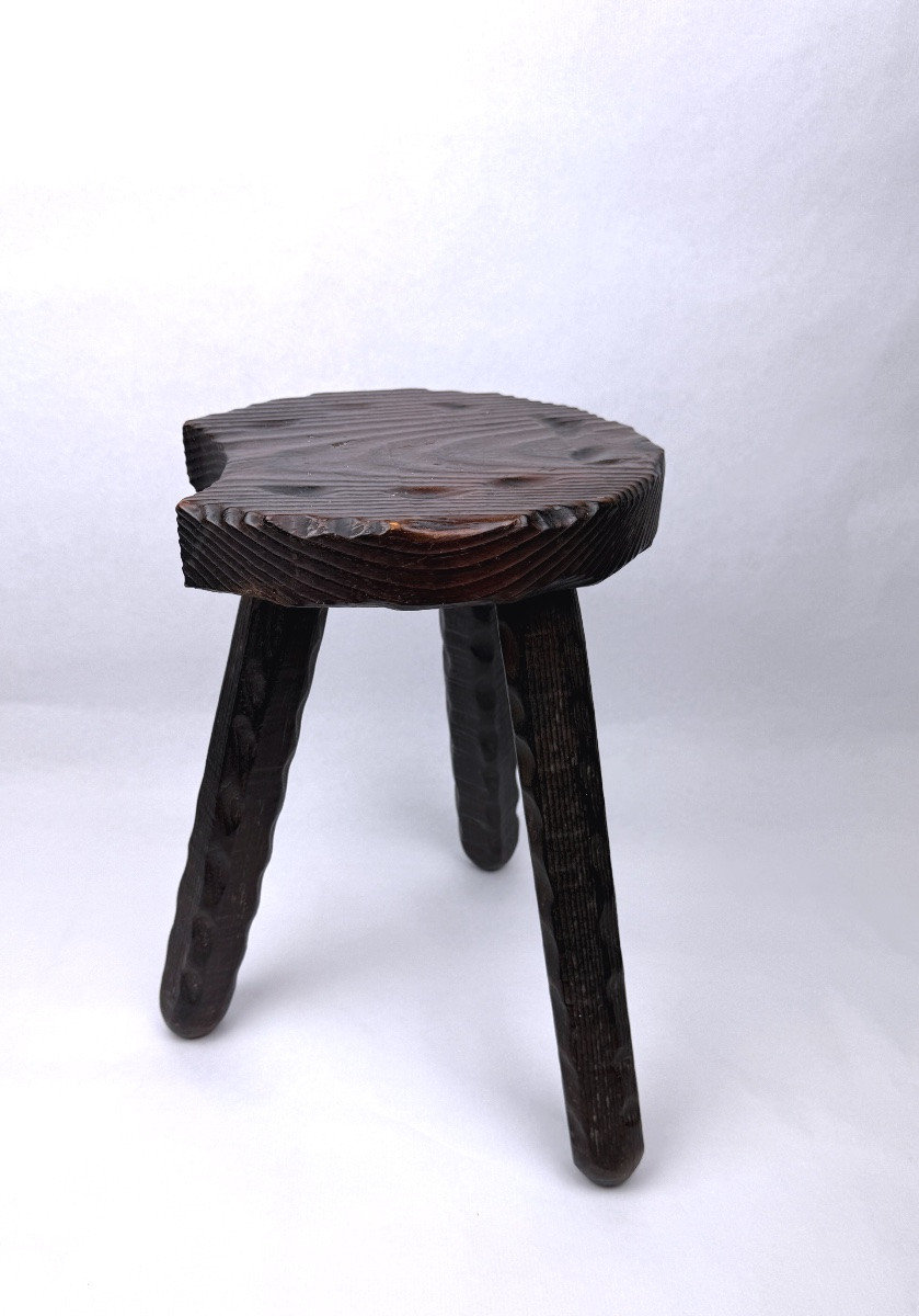 Tabouret brutaliste en bois massif, Espagne années 60 n°2-photo-2