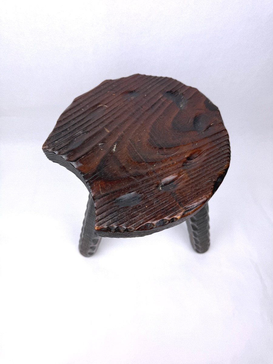 Tabouret brutaliste en bois massif, Espagne années 60 n°2-photo-2