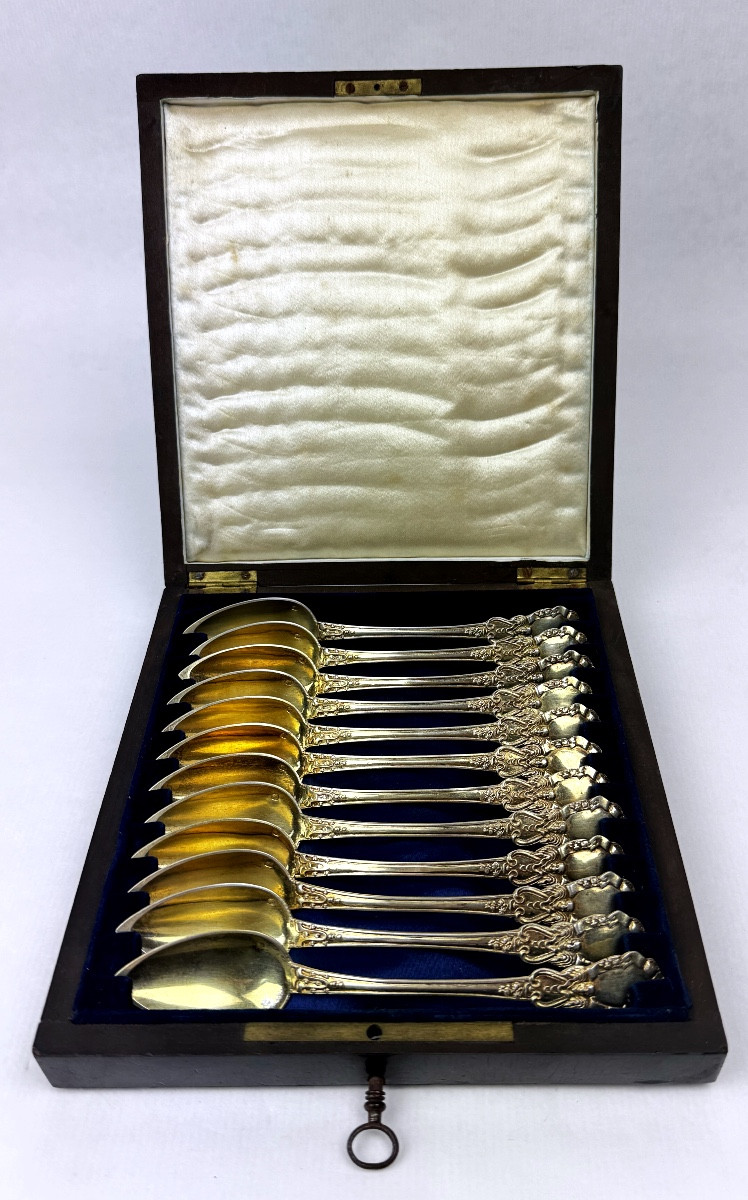 Set Of 12 Silver-gilt Tea Spoons, 19th Century 