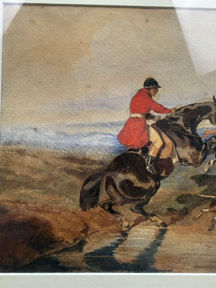 Aquarelle, scène de de chasse à courre, suiveur d'Alfred de Dreux-photo-2