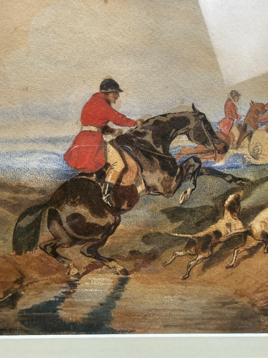 Aquarelle, scène de de chasse à courre, suiveur d'Alfred de Dreux-photo-3