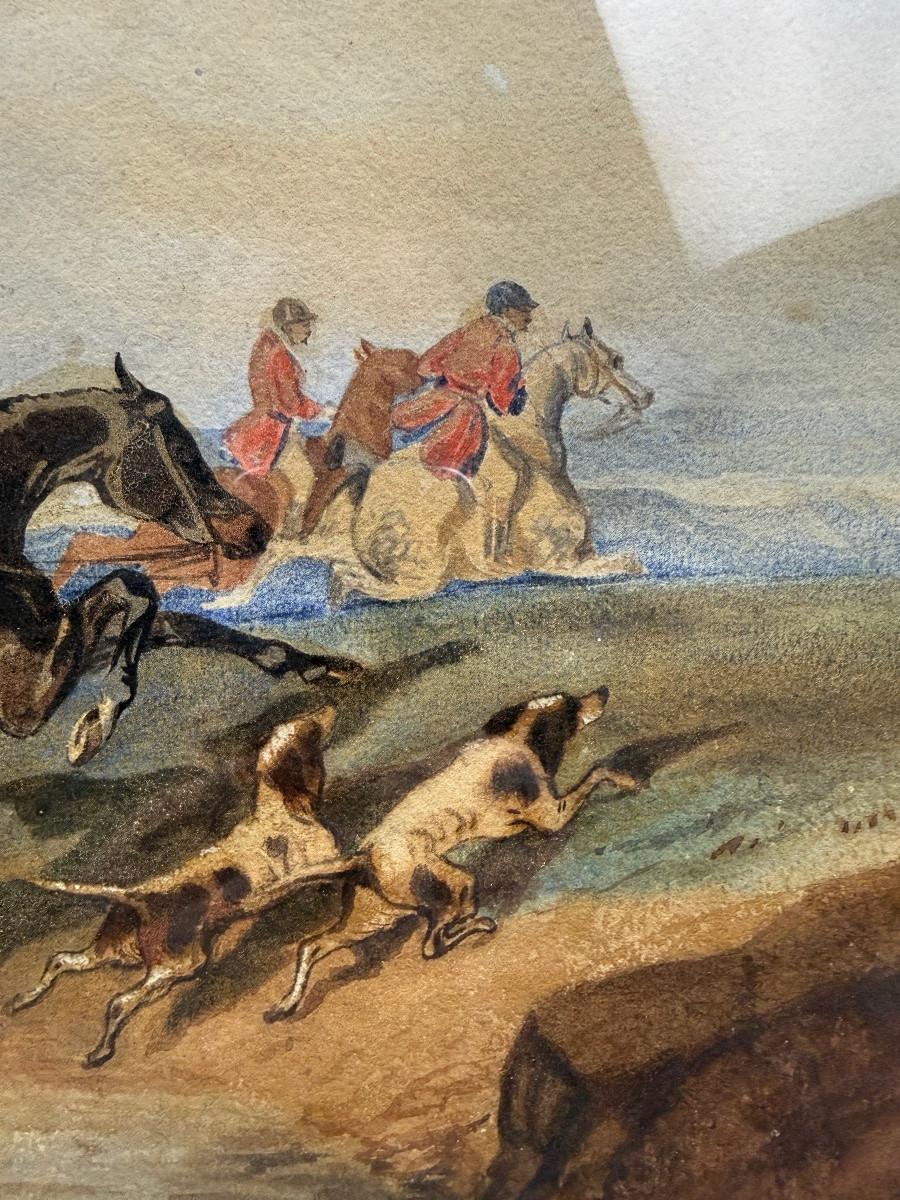 Aquarelle, scène de de chasse à courre, suiveur d'Alfred de Dreux-photo-4