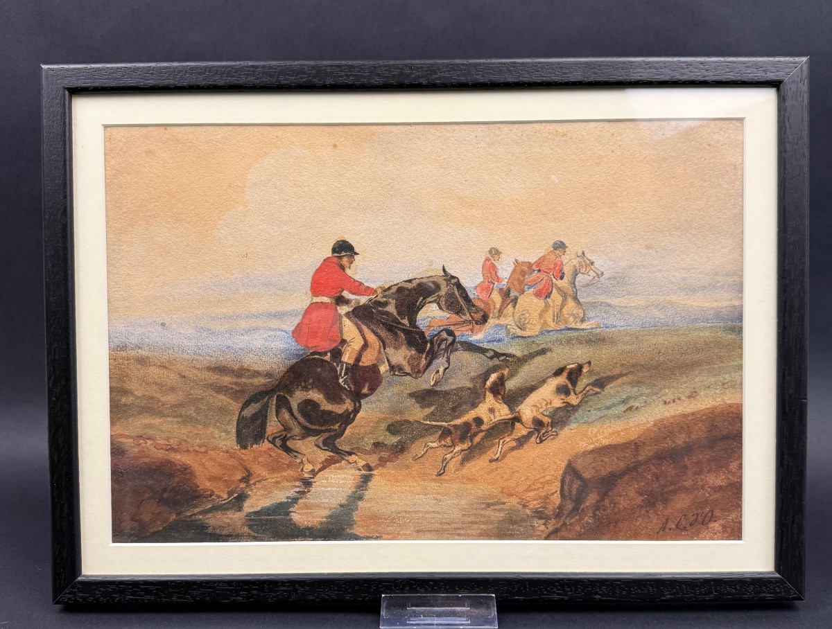 Aquarelle, scène de de chasse à courre, suiveur d'Alfred de Dreux