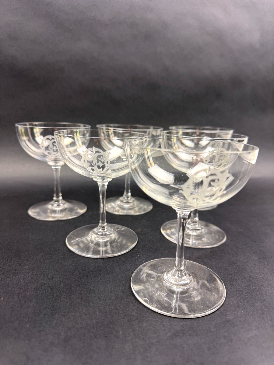 Suite de 6 coupes à champagne en cristal 19ème-photo-2