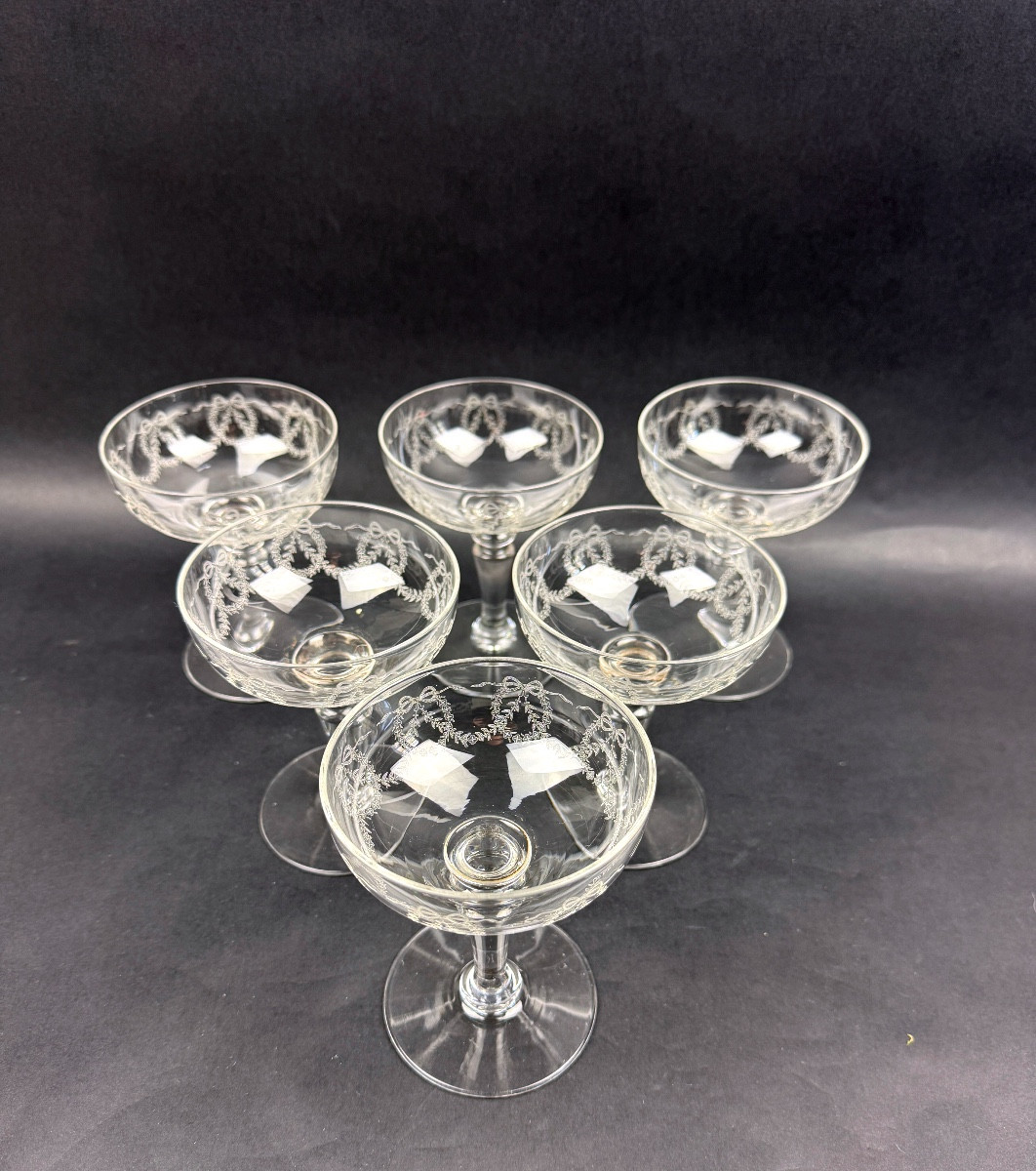 Suite Of 6 Engraved Crystal Champagne Glasses