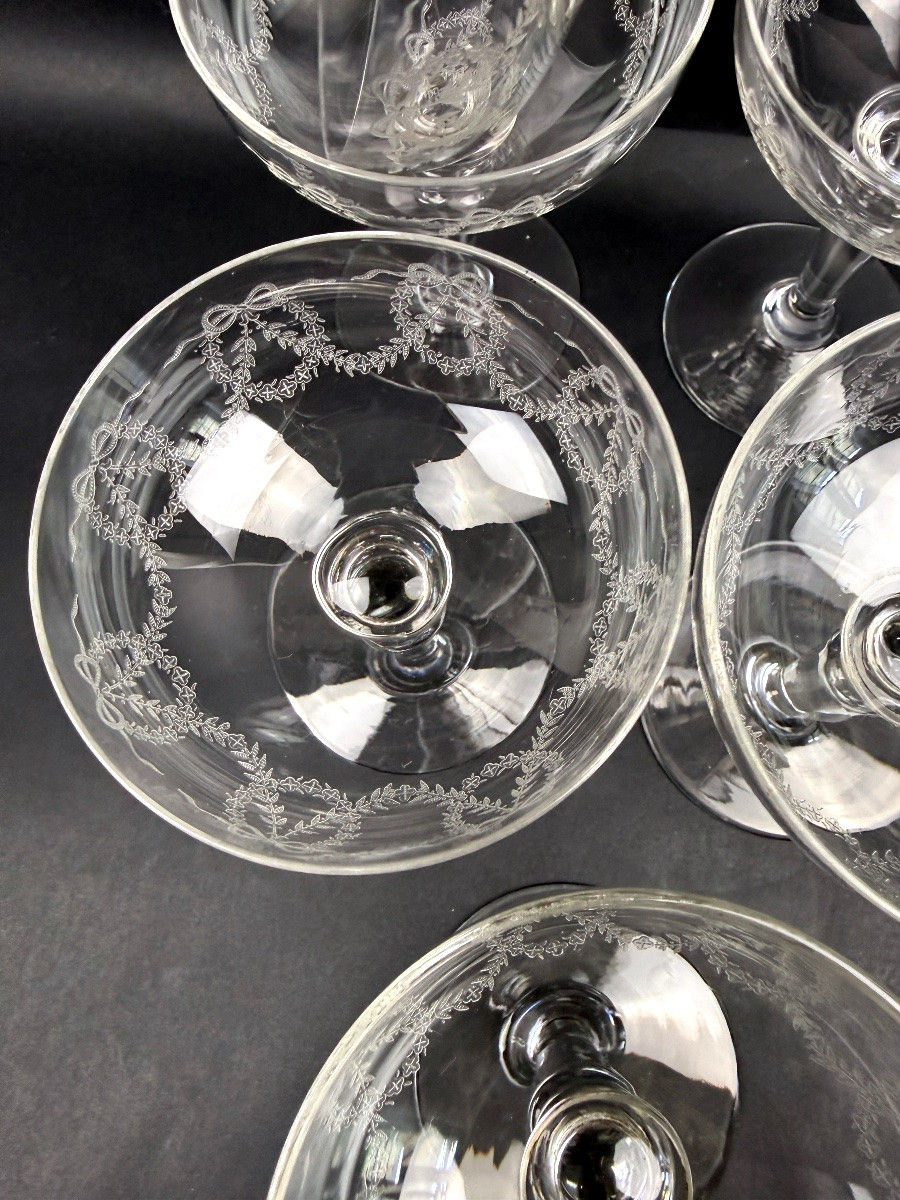 Suite Of 6 Engraved Crystal Champagne Glasses Lot N°2-photo-3
