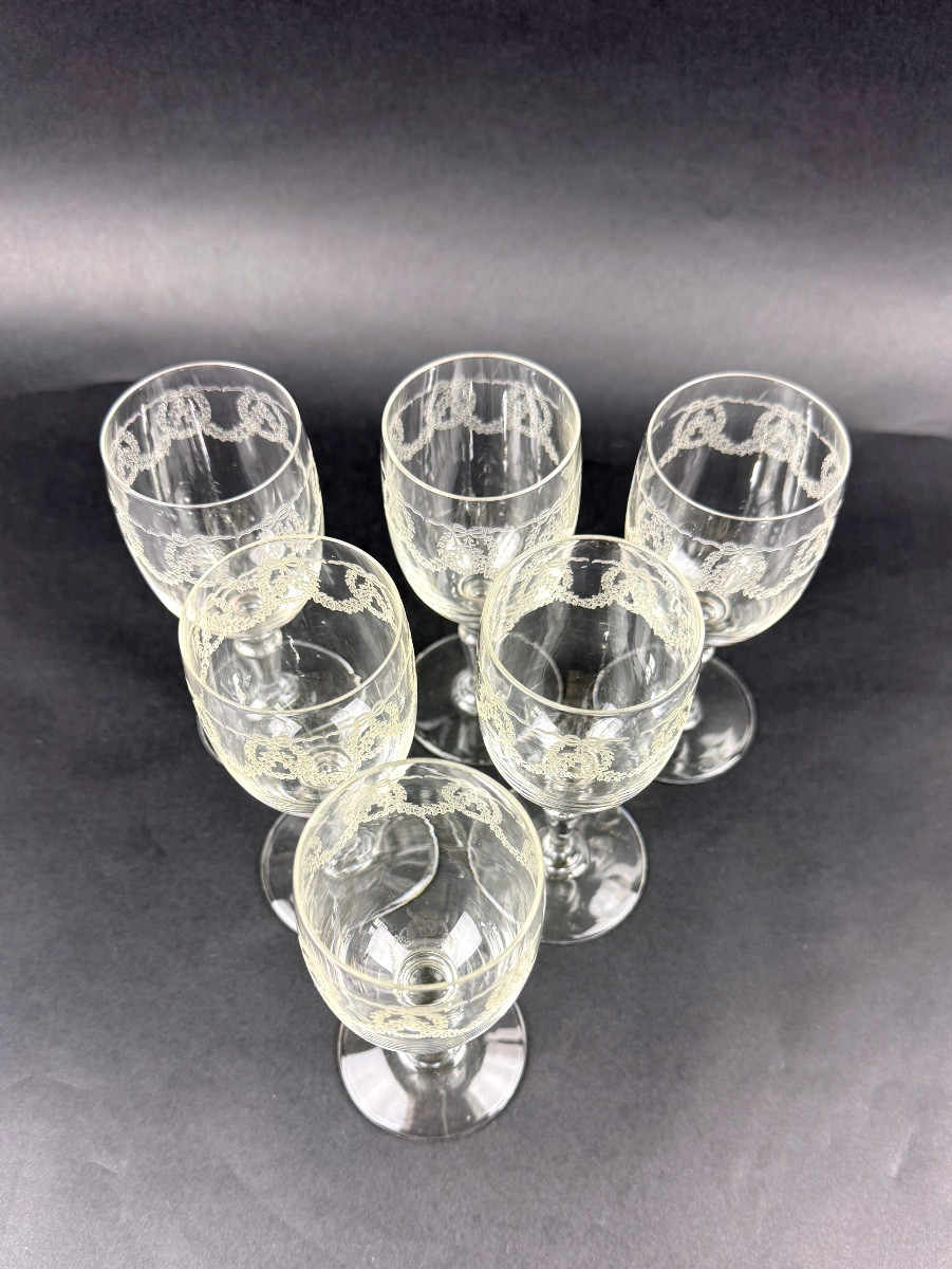Suite Of 6 Engraved Crystal Port/white Wine Glasses-photo-2