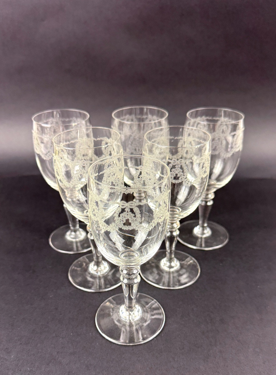 Suite Of 6 Engraved Crystal Port/white Wine Glasses